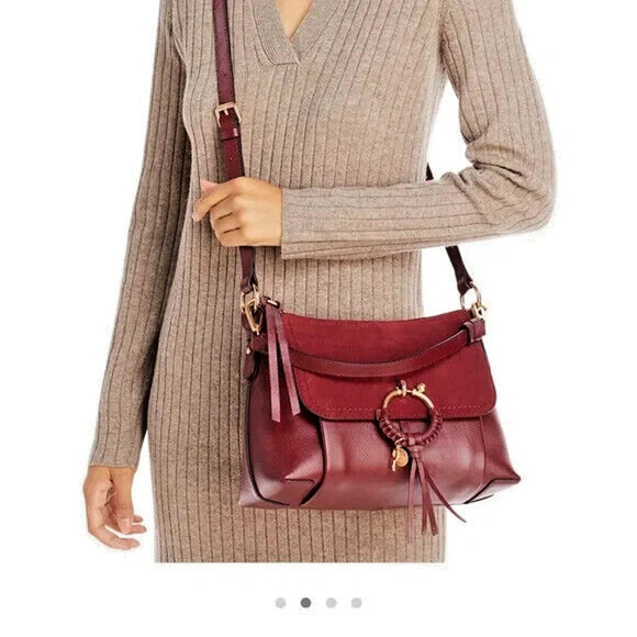 See By Chloé Joan Small Med Burgundy Suede Leather Crossbody Women Handbag $595 - Picture 1 of 16